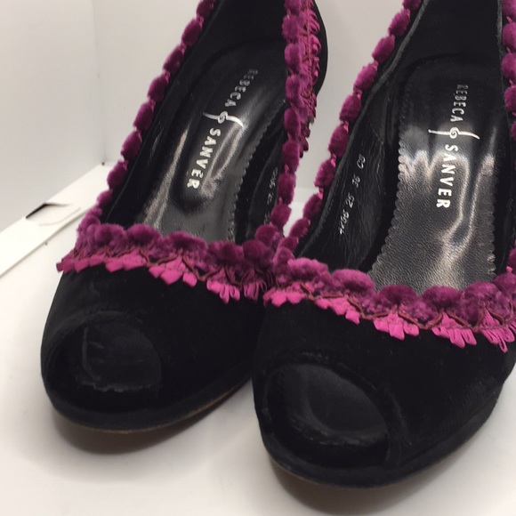 Rebeca Sanver Velvet Peep Toe Heels Black Purple Size 6 Formal - Picture 2 of 14